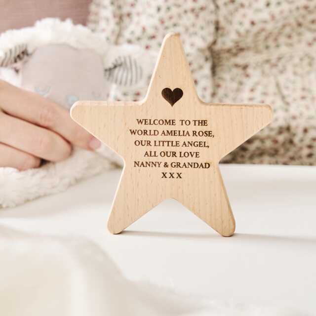 Personalised Engraved Wooden Star Keepsake - Christening Baby Gift, Beech Wood Decoration - image 1