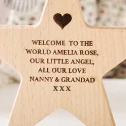 Personalised Engraved Wooden Star Keepsake - Christening Baby Gift, Beech Wood Decoration - thumbnail 3