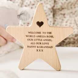 Personalised Engraved Wooden Star Keepsake - Christening Baby Gift, Beech Wood Decoration - thumbnail 2