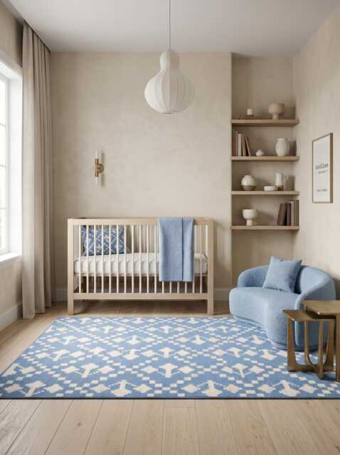 Blue Geometric Flatweave Rug - Handwoven Cotton Area For Coastal, Scandinavian & Modern Home Decor in Custom Options - image 1