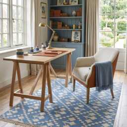 Blue Geometric Flatweave Rug - Handwoven Cotton Area For Coastal, Scandinavian & Modern Home Decor in Custom Options - thumbnail 4
