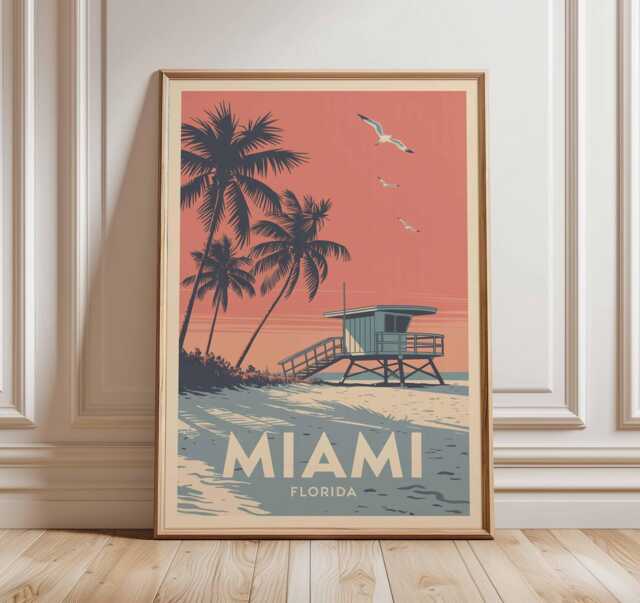 Miami Florida Lifeguard Tower Beach Art Poster Print, Retro Graphic Travel Coastal Wall Decor Unique Gift - image 1