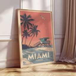 Miami Florida Lifeguard Tower Beach Art Poster Print, Retro Graphic Travel Coastal Wall Decor Unique Gift - thumbnail 2