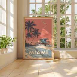 Miami Florida Lifeguard Tower Beach Art Poster Print, Retro Graphic Travel Coastal Wall Decor Unique Gift - thumbnail 3
