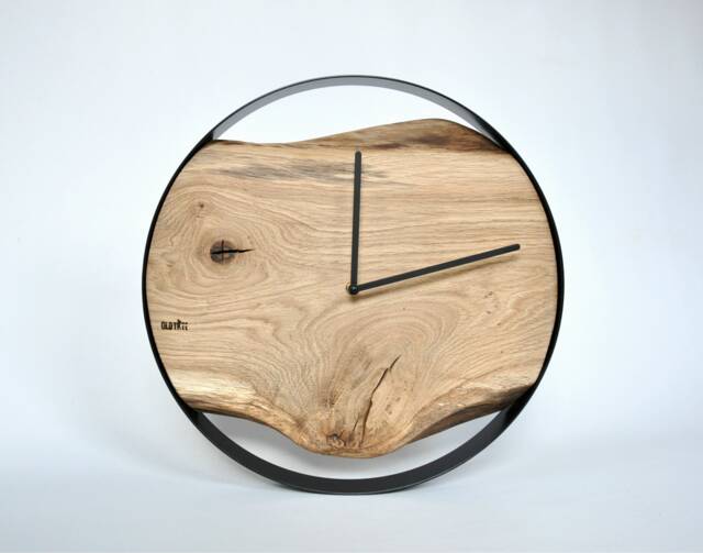 Loft Clock - Oak, Round, Black Steel Rim, Old Wood, Design - image 1