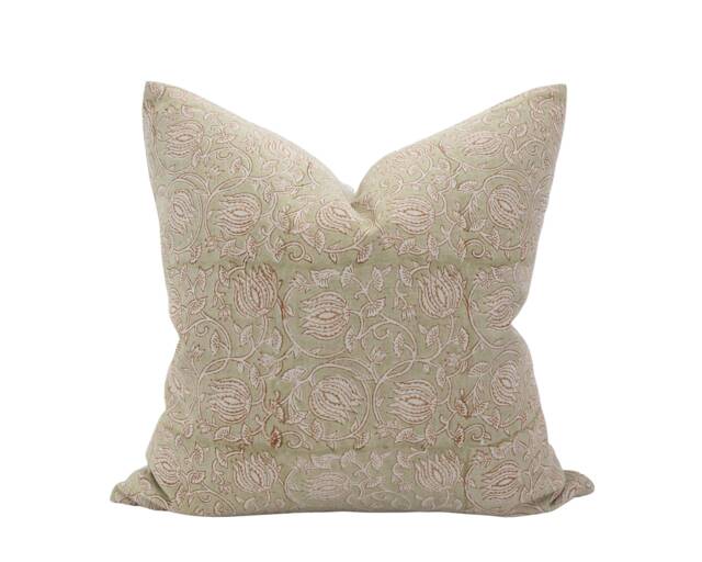 Mia -- Muted Green Floral Pillow Cover Block Print Farmhouse Spring Summer Light Sage - image 1