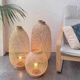 Bamboo Rattan Floor Lamp - Handmade Wooden Standing Light Fishing Trap Basket Woven Boho Rustic - thumbnail 2