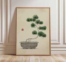 Bonsai Tree Poster, Japanese Ink Painting, Zen Home Decor - thumbnail 1