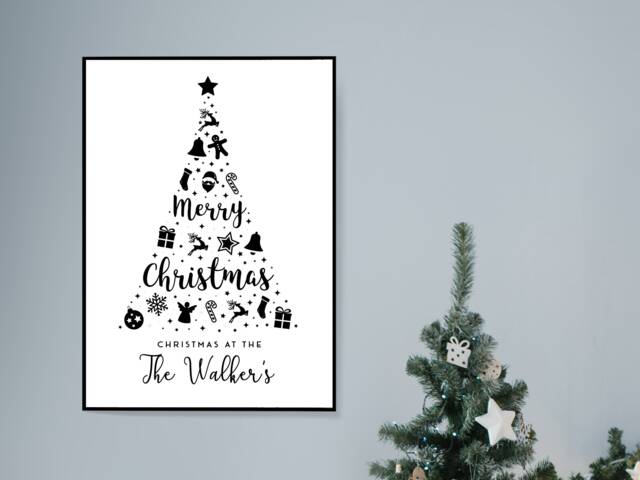 Personalised Black Family Christmas Tree - Gift Print Poster Kids Decor Bespoke A5 A4 A3 Framed - image 1