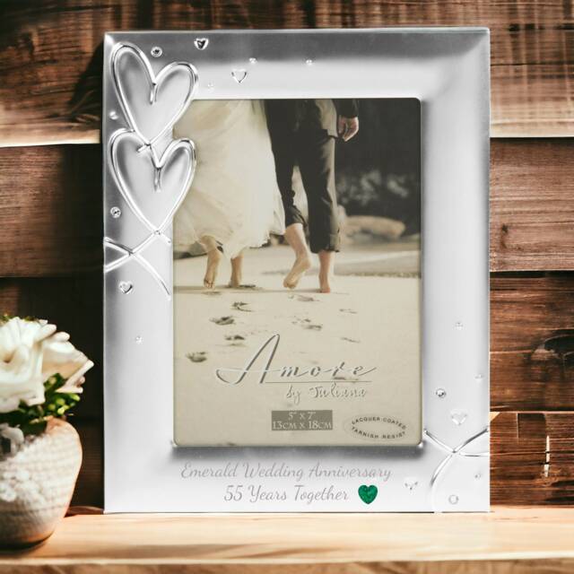 "Personalised Emerald Anniversary Silver Plated Photo Frame With Crystal Gem - Gift 5"" X 7"