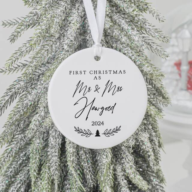 Personalised First Christmas As Mr & Mrs Ceramic Decoration, Wedding Ornament Keepsake, & Gift, 1st Bauble Decoration - image 1
