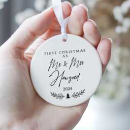 Personalised First Christmas As Mr & Mrs Ceramic Decoration, Wedding Ornament Keepsake, & Gift, 1st Bauble Decoration - thumbnail 3