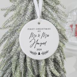 Personalised First Christmas As Mr & Mrs Ceramic Decoration, Wedding Ornament Keepsake, & Gift, 1st Bauble Decoration - thumbnail 1