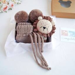 Lion Baby Gift Box For Pregnant Sister, Neutral Lion Set Safari Shower, Small Toy, Knit Bonnet & Booties - thumbnail 4