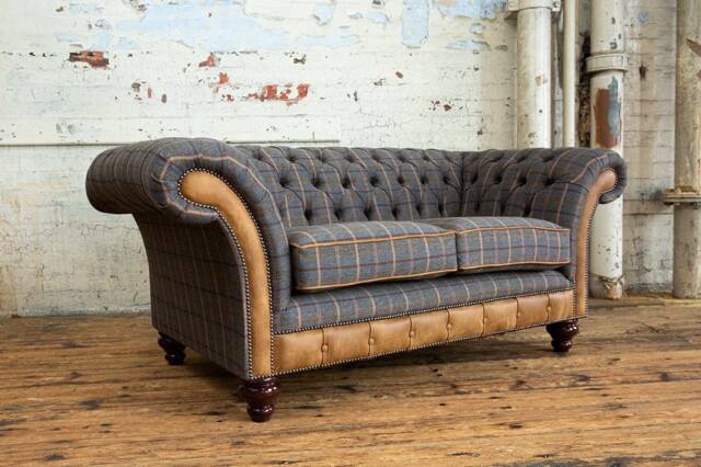 2 Seater Tan Brown Tweed Fabric Chesterfield Sofa - Distressed Leather, British Handmade - image 1