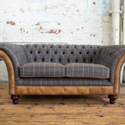 2 Seater Tan Brown Tweed Fabric Chesterfield Sofa - Distressed Leather, British Handmade - thumbnail 2