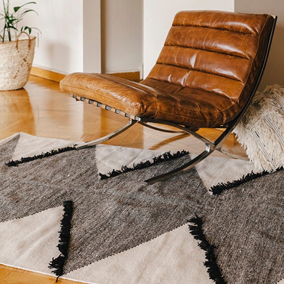 Frilled Diamonds Handmade Flatwoven Kilim Area Rug Wool Bohemian Southwestern Black & White Minimalist 4x6 5x8 8x10 9x12 Living Room - image 1