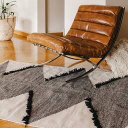 Frilled Diamonds Handmade Flatwoven Kilim Area Rug Wool Bohemian Southwestern Black & White Minimalist 4x6 5x8 8x10 9x12 Living Room - thumbnail 1