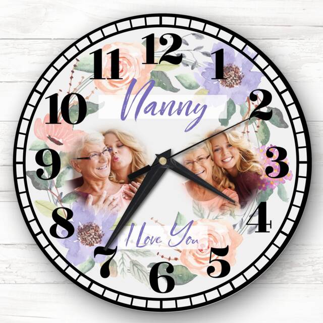 Nanny I Love You Photo Flowers Purple Grey Personalised Gift Clock - image 1