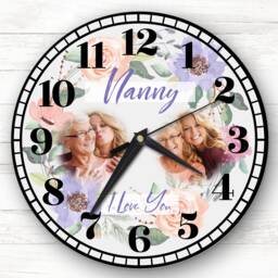 Nanny I Love You Photo Flowers Purple Grey Personalised Gift Clock