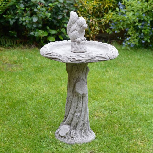 Hand Cast Stone Squirrel Bird Bath - Antique Grey Garden Decor - image 1