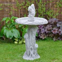 Hand Cast Stone Squirrel Bird Bath - Antique Grey Garden Decor - thumbnail 2