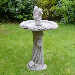 Hand Cast Stone Squirrel Bird Bath - Antique Grey Garden Decor - thumbnail 1