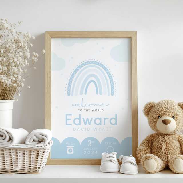 Rainbow Blue Birth Print, Details, Poster, New Baby Boy Gift, Name Sentimental, Nursery A4 A3 Wall Art - image 1