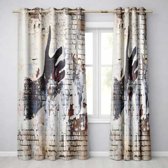 Black Hand Cityscape On Weathered Brick Wall Unique Modern Artwork For Home Decor Readymade Eyelet Ring Top Thermal 100% Blackout Curtains - image 1