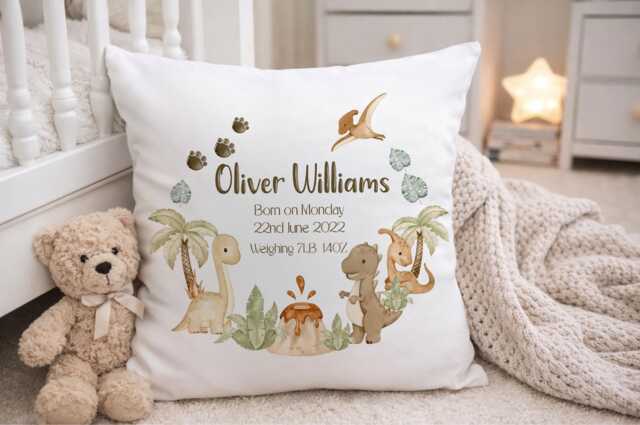 Personalised Dinosaur Baby Cushion, Custom Birth Details Keepsake, Neutral Nursery Decor - image 1