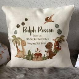 Personalised Dinosaur Baby Cushion, Custom Birth Details Keepsake, Neutral Nursery Decor - thumbnail 3
