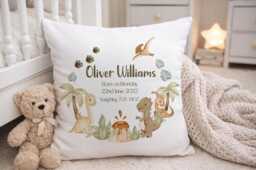 Personalised Dinosaur Baby Cushion, Custom Birth Details Keepsake, Neutral Nursery Decor - thumbnail 1