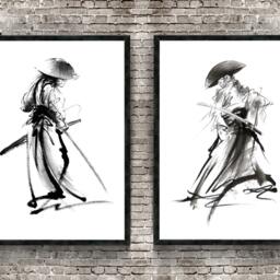 Japanese Samurai Sumi-E Ink Art Print - Zen Warrior Painting Minimalist Wall Decor Martial Arts Home Poster - thumbnail 3