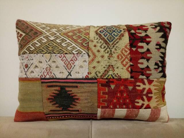 Patchwork Kilim Pillow 16x24 Inches Turkish Anatolian Lumbar Pillowcase Sofa Cover - image 1