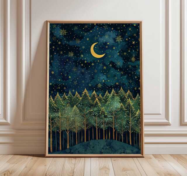 Golden Night Forest Poster, Illustration Style Christmas Wall Art, Starry Sky Winter Landscape Print, Holiday Decor, Artwork - image 1