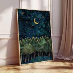 Golden Night Forest Poster, Illustration Style Christmas Wall Art, Starry Sky Winter Landscape Print, Holiday Decor, Artwork - thumbnail 2