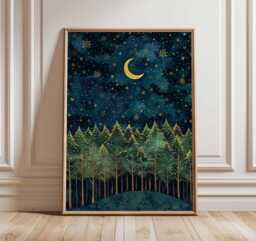 Golden Night Forest Poster, Illustration Style Christmas Wall Art, Starry Sky Winter Landscape Print, Holiday Decor, Artwork - thumbnail 1