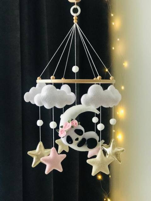 Panda Baby Mobile Sleeping On Moon, Nursery Decor - image 1