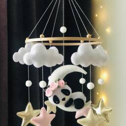 Panda Baby Mobile Sleeping On Moon, Nursery Decor - thumbnail 3