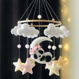 Panda Baby Mobile Sleeping On Moon, Nursery Decor - thumbnail 2