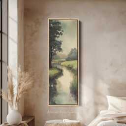 Tall River Landscape Vertical Wall Art Framed Canvas Print Nature Painting Long For Hallway Bedroom Or Living Room - thumbnail 1