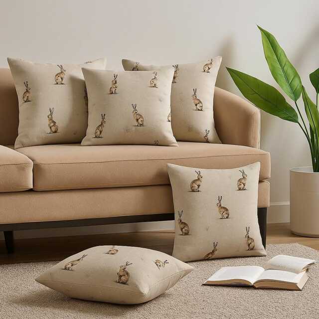 Hare Linen Style Cushion, Wildlife Animal Design, Cream Neutral Decor - image 1