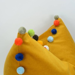 Yellow Velvet Pom Pillow - Luxe Cotton Cushion - thumbnail 4