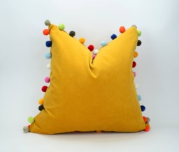 Yellow Velvet Pom Pillow - Luxe Cotton Cushion