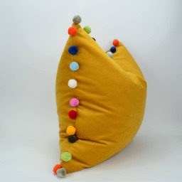 Yellow Velvet Pom Pillow - Luxe Cotton Cushion - thumbnail 2