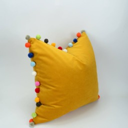 Yellow Velvet Pom Pillow - Luxe Cotton Cushion - thumbnail 3