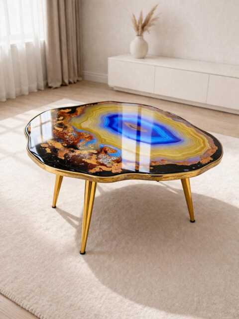 Geode-Look Coffee Table, Handmade Epoxy Resin Yellow Art Side Table , Modern Home Decor Gold Legs - image 1