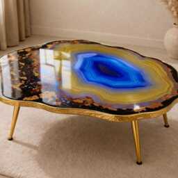 Geode-Look Coffee Table, Handmade Epoxy Resin Yellow Art Side Table , Modern Home Decor Gold Legs - thumbnail 2