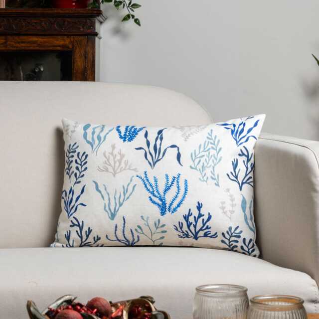 Sea Coral Boudoir Cushion. Hand Illustrated Seaweed Print in Marine Blue & White. 100% Cotton Cloth. 17x12 - image 1