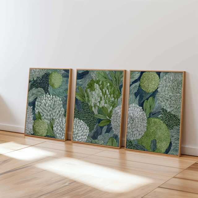 Textured Botanical Wall Art Set Of 3, Green & White Floral Prints, Modern Abstract Flower Posters For Living Room Or Bedroom Decor - image 1